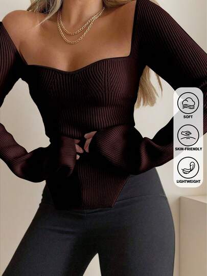 New Women Chic Square Neck Long Sleeve Burgundy Red Knit Top,Cosy,Elegant,Old Money Style,Effortless Sophistication Comfort,Asymmetry Hem Detail,Going Out Tops,Wedding Guest Tops,Halloween Costume,Christmas Party