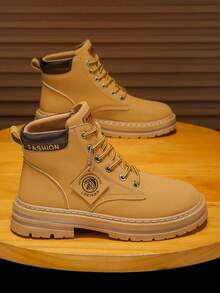 2025 男士新款休闲运动靴战术靴工装靴工作靴百搭耐磨耐脏字母印花时尚适合牛仔办公日常工地户外英伦风 - 卡其色 - 查看 1