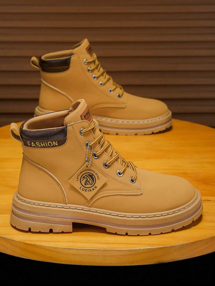 2025 男士新款休闲运动靴战术靴工装靴工作靴百搭耐磨耐脏字母印花时尚适合牛仔办公日常工地户外英伦风 - 卡其色 - 查看 1