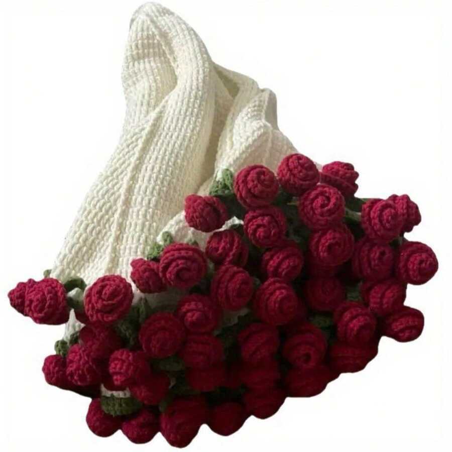 Crochet Flowers Rose Bouquet Blanket Handmade Soft And Lightweight Material Pack - 紅玫瑰 - 查看 1