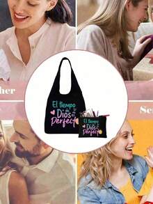 Printed Canvas Tote Bag With "El-Tiempo" Colorful Letter Print Pattern, Portable Casual Storage Handbag, Multifunctional Shopping Bag, Minimalist Travel Storage Bag, Large Capacity Travel Cosmetic Bag, Newly Designed With Ample Space, Ideal For Shopping, Wedding, Birthday, Beach, Holiday, Back To School - Black - View 5