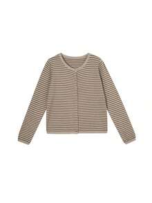 女士随机条纹针织开衫外套，新款小众上衣，薄款圆领长袖毛衣 - 卡其色 - 查看 3