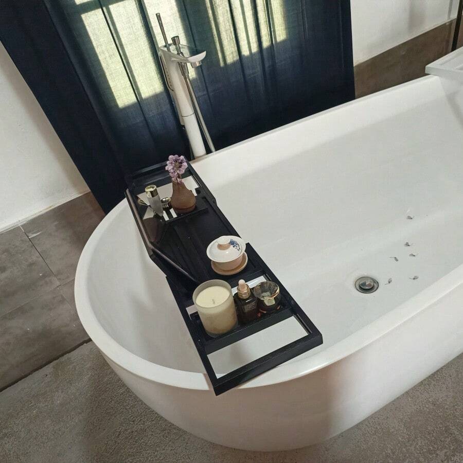 1 pieza Bandeja de bambú expandible para bañera, Bandeja ajustable para bañera, Estante de almacenamiento antideslizante, Soporte para bañera para el hogar, Puede sostener teléfono, computadora portátil, accesorios de baño, Organizador de baño