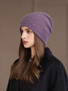 1pc Women's Rabbit Fur Knit Rhinestone Beanie Hat, Autumn/Winter Warm Thick Windproof Ski Cap, Fashionable & Versatile