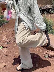 复古小众风褶皱格纹长袖Polo衫女式休闲外套白色春季款 - 白色 - 查看 2