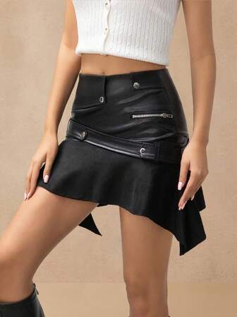 Yuwenier 性感朋克 PU 皮革不对称下摆黑色短裙，带拉链和纽扣细节，适合女士外出狂欢节派对服装