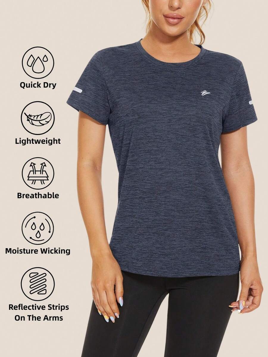 Women's Summer Quick Dry Short Sleeve T-Shirts Gym Workout Athletic Tee Shirts With Reflective Strip Lightweight Breathable Outdoor Casual Tops, Black - Black - View 1