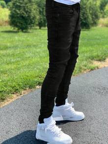 Straight Fit Washed Denim Jeans, Versatile Commuter Slant Pocket Jeans For Men & Women, Skinny Fit Casual Wear, Cotton Fabric For All Seasons - Black - View 4