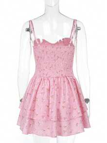 Robe courte décontractée simple à taille plissée et motif floral épars pour femmes, avec bretelles fines