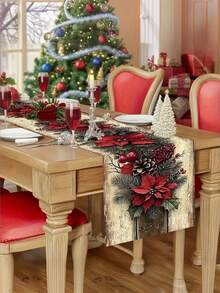 1pc, Retro Christmas Theme Table Runner With Red Poinsettia And Pinecone Design, Rectangular Holiday Dining Decor For Christmas, New Year, Winter Party Decoration, Christmas Table Ranner - متعدد الألوان - مشاهدة 7
