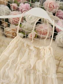 Women's Solid Color Sexy Backless Halter Neck Ruffle Lace Trim Seethrough Camisole & Maxi Skirt Set