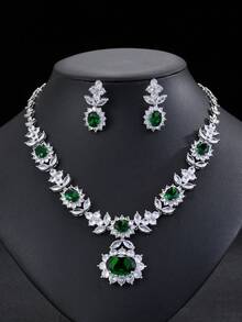 1 Set mit 3 Stücken Luxus Zirkonia Halskette & Ohrringe Schmuckset, Braut Hochzeit Party Verlobung Formale Blumen Dekor Accessoires Geschenk für Frauen