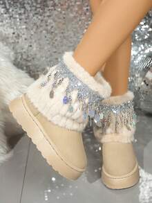 2025 Autumn/Winter New Women Snow Boots, Faux Fur Tassels Thermal Lined Furry Shoes, Grey/Black Thick Sole Short Boots, Soft Plush Rhinestone Home Slippers
