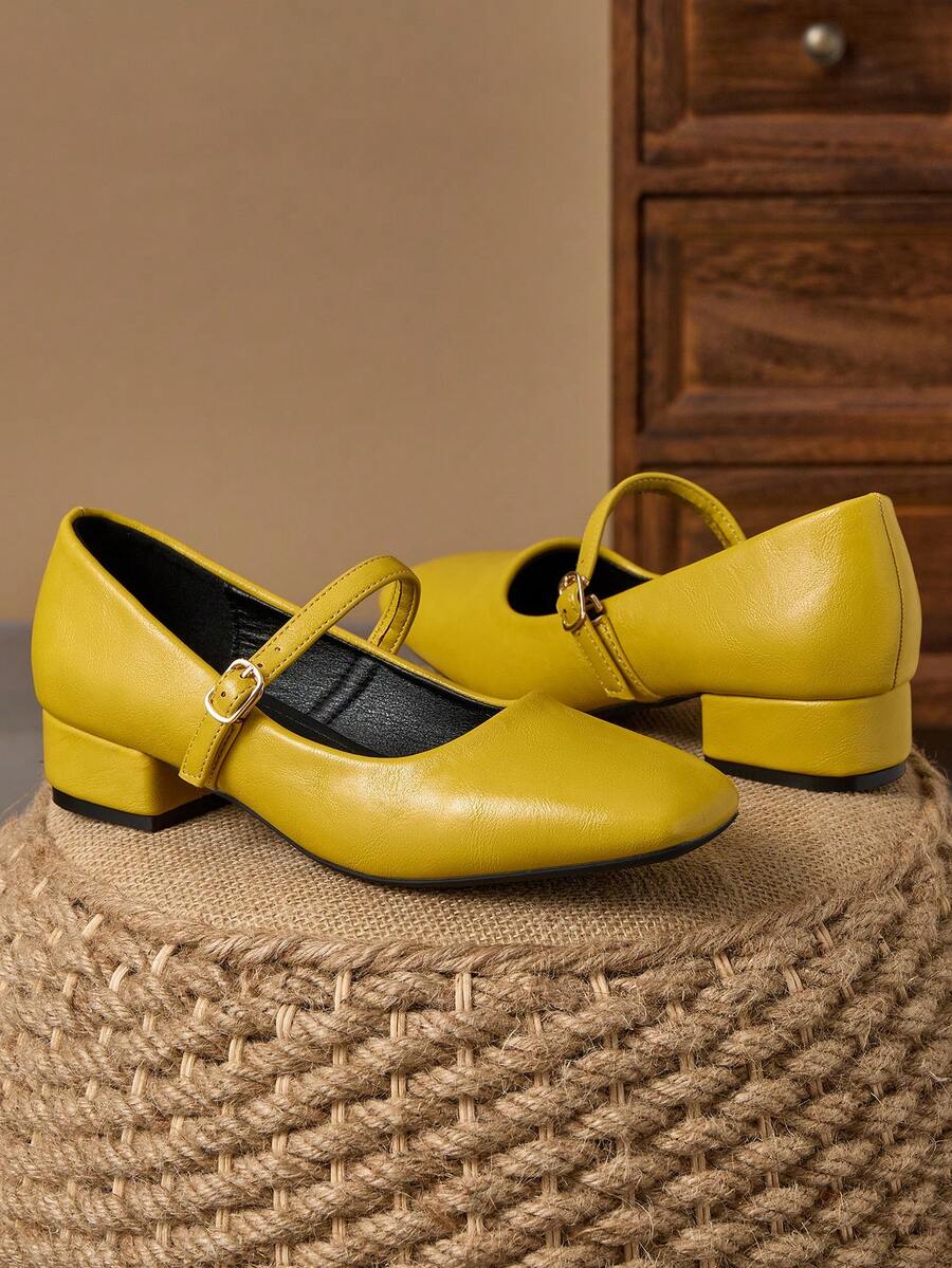 MonaNise 3cm Heel Mary Jane Coffee Color Square Toe Pumps, Suitable For Work, Commute, Dinner Party, Vintage Black, Fashionable Casual Khaki Flats - Yellow - View 1