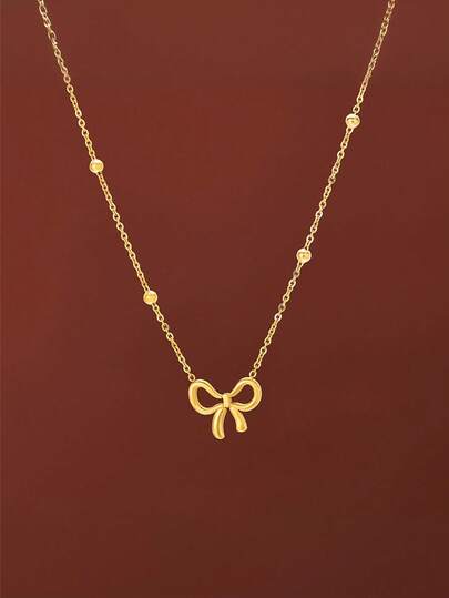 1pc Fashionable Titanium Steel Bowknot Necklace For Girl, Minimalist Design, Versatile, Delicate Luxury Collarbone Chain