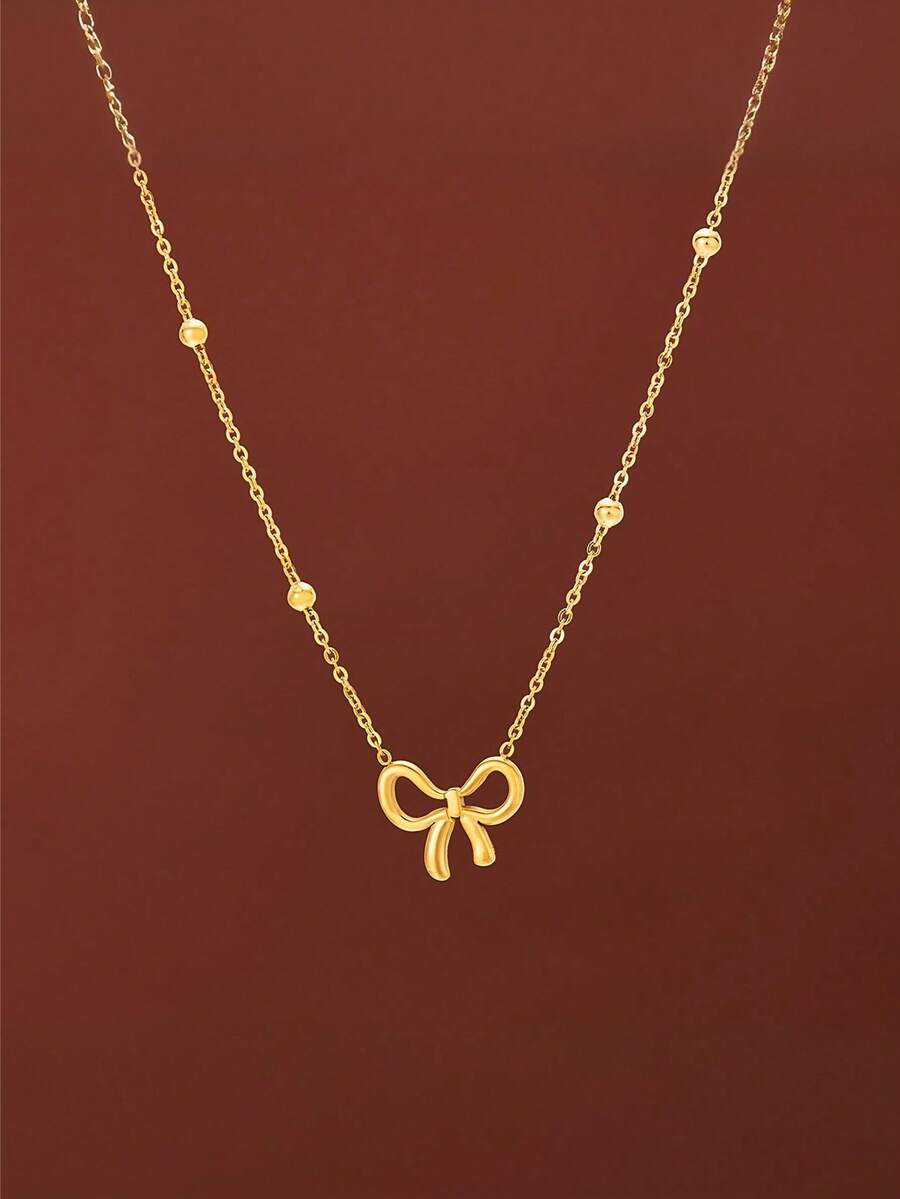 1pc Fashionable Titanium Steel Bow Tie Necklace For Girl, Minimalist Design, Versatile, Delicate Luxury Collarbone Chain