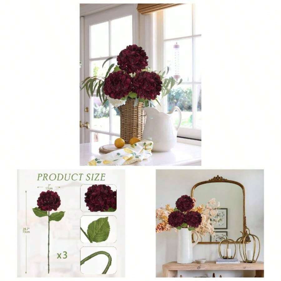 3Pcs Burgundy Hydrangea Artificial Flowers 28. Real Large Faux Silk Red Hydrangeas Flowers With Stems Flower Home Wedding Floral Arrangement Centerpiece Table Vase Fall Decor - 酒紅色 - 查看 1