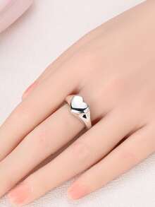 1 Pc Original 925 Sterling Silver Women Finger Rings Heart Shape Minimalist Class Style Plain Circle Ins Elegance Fashion Accessory Jewelry Gifts Fits Daily Party Shopping - Silver - View 3