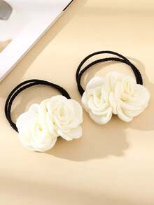 2 piezas Lazos para el cabello con flores de rosa, accesorios florales para el cabello, sujetadores de coleta para vacaciones en la playa, bandas elásticas, scrunchies, accesorios para el cabello, bandas elásticas para la belleza y el hogar - Blanco - Ver 5