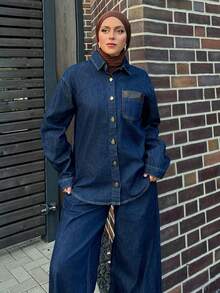 DAZY Women Long Sleeve Shirt And Jeans Casual Outfit Modest Fashion - Blue - View 5