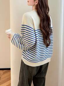 Alicedudu 女式法式条纹休闲圆领毛衣，秋冬 - 藍白色 - 查看 2