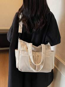 1 件米色多口袋实用手提包，简约时尚，大容量，适合学校/大学生的单肩包，拉链开合，休闲手提包，多功能手提包，通勤和旅行存储解决方案，简约纯色手提包，轻松搭配各种服装 - 米色 - 查看 8