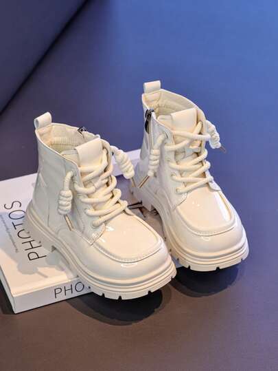 1 Par de Botas da Moda de Cor Sólida para Meninas com Decoração de Cadarço, Zíper Lateral, Sola Macia, Confortável para Uso Externo no Outono/Inverno