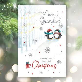 1/2/5/10pcs Charming Christmas Greeting Card For Nan And Grandad, Featuring Penguins, Snowflakes & Hearts, Ideal For Family Holiday Wishes, Christmas Cards, Suitable For Men, Women, Friends And Family