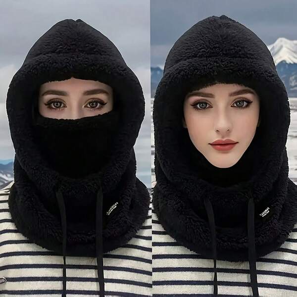 1pc Winter Plush Balaclava Hood With Elastic Drawstring Closure, Lightweight And Warm Wool Face Mask, Suitable For Cycling, Skiing, Skiing, Hiking, Motorcycle Outdoor Sports, Solid Color Ear Protection Device, Windproof And Cold Proof Equipment Suitable For Running And Camping, Perfect Gift For Christmas And Valentine's Day, Suitable For Both Men And Women