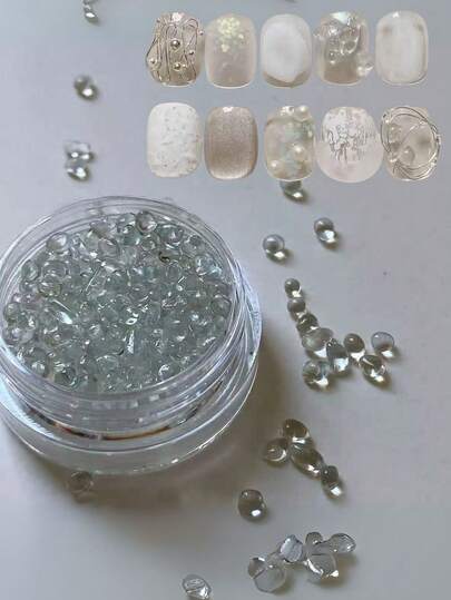 1 Box Aurora Holographic Transparent Nail Decorations, Asymmetrical Transparent Stones & White Beads For DIY Nail Art, Nail Components, Nail Supplies, Y2K, Nail Accessories