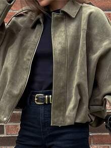 Women's Bomber Jacket Spring Coat Loose Long Sleeves Zip Vintage Jacket Ladies New Jacket Green Outerwears