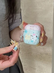 4 耳机保护套，夏季贝壳图案猫狗设计，适用于 Apple 1/2/Pro 保护套，带绑带 - 藍色 - 查看 10