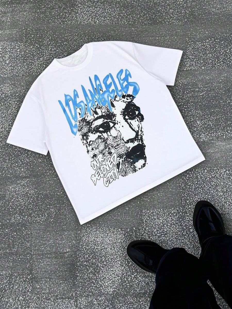 Skull Art T-Shirt | Bold Blue Graffiti Los Angeles Design | Edgy Streetwear Style | Perfect For  Guys | Pure Cotton Men's Short Sleeve - Teenager Sports Tee - College Student Birthday Gift - Halloween Present - Christmas Gift - Men's Fashion - trắng - Xem 1