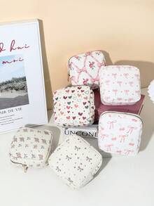 1pc Pink Bow Floral Print Sanitary Napkin Pouch, Mini Cosmetic Bag, Multifunctional Sanitary Napkin Organizer, Compact Square Bag, Women's/Girls' Travel Cosmetic Case, Cute Zipper Pouch Coin Purse, Campus Style, Suitable For School, Work, Travel, Makeup Bag, Skincare Bag, Toiletry Bag, Packaging Box, Travel Essentials