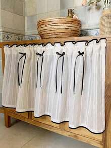 1 pieza, Panel corto de cortina decorativa con textura de lino rústico falso y lazo negro, versátil para cocina, armarios de comedor y entradas, de fácil cuidado y lavable, con filtrado de luz para decoración de estilo granja