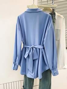 女士时尚蓝色长袖翻领衬衫，纽扣前襟，泡泡袖，常规长度 - 藍色 - 查看 2