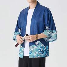 Mens Kimono Robe Jacket 3/4 Sleeve Open Front Japanese Shirt Bathrobe Lightweight Coathalloween - Màu-q - Xem 8