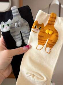 1/2 Pairs Comfortable Autumn/Winter Unisex Mid-Calf Socks, Novelty 3D Cat Egg Cute Funny Socks For Sports, Casual Wear, Basic Style - Multicolor - View 4