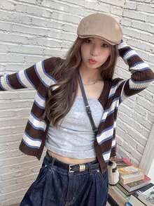 Autumn/Winter Colorblock Striped Knit Cardigan For Women, Fashion Fitted Short Sweater Jacket - Brown - View 3
