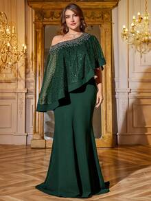 SUPGIR Plus Women's One-Shoulder Asymmetrical Cape Sleeve Handmade Bright Diamond Chiffon Slim-Fitting Evening Dress - Dark Green - View 4