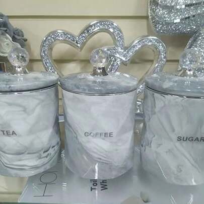 Biznest Set Of 3 Marble Grey Style Crystal Containers For Coffee Tea Sugar Kitchen Storage Tins, Canisters Grey