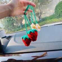 onEternal 1pc/2pcs Light Pink/Red Puff Simulation Strawberry Hanging Decoration, Handmade Crochet Car Interior Decoration, Mirror Bag Decoration, Handmade Crochet Christmas And Halloween