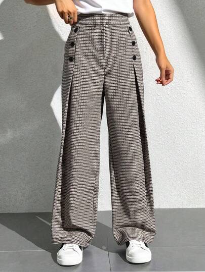 Pantalón para dama mujer estampado cuadros holgado amplio botones decorativos frontales ligero fresco cómodo uso diario eventos salidas