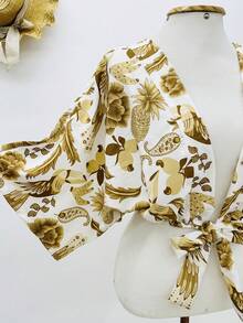 KISTYLE Crepe Blouse With Batwing Sleeves And Tie - Gold - View 3