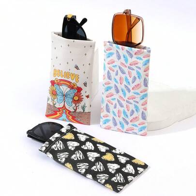 1pc Lovely Feather Heart Butterfly Printed Glasses Bag, Stylish Ladies Fashion Eyewear Protective Pouch, Cute Lightweight Storage Sleeve, Multi-Purpose Portable Bag For Reading Glasses Mobile Phone Coin Sundries Outdoor Travel Use