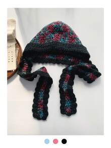 Vintage Grandma Plaid Hand-Crocheted Thick Yarn Balaclava Hat With Colorful Lace Ties, Earflap Beanie Scarf Combo, Warm Neck Gaiter Scarf Two-In-One Hat For Winter - Multicolor - View 1