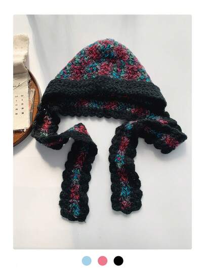 Vintage Grandma Plaid Hand-Crocheted Thick Yarn Balaclava Hat With Colorful Lace Ties, Earflap Beanie Scarf Combo, Warm Neck Gaiter Scarf Two-In-One Hat For Winter