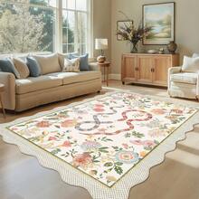 1Pcs Room Decor Modern Washable Scalloped Floral Snake Area Rug For Living Room Indoor Bedroom Foldable Floor Mats, Soft Low Pile Non Shedding Carpets For Offices Non-Slip Runner For Hallway Dorm - 米色 - 查看 6