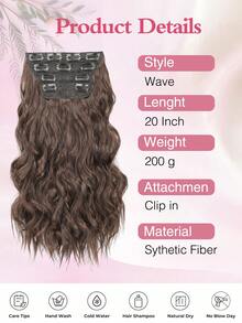Clip-In Long Wavy Hair Extensions (20 Inch, 4PCS) - Soft & Natural Synthetic Fiber, For Women