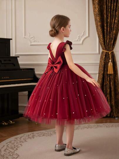 Girls' Christmas Elegant Mesh Patchwork Beaded Bow Decor Party Dress, Suitable For Birthday, Party, Banquet And Other Formal Occasions